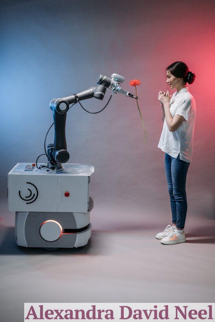 A robot arm presents a flower to a smiling woman, illustrating human-robot interaction.