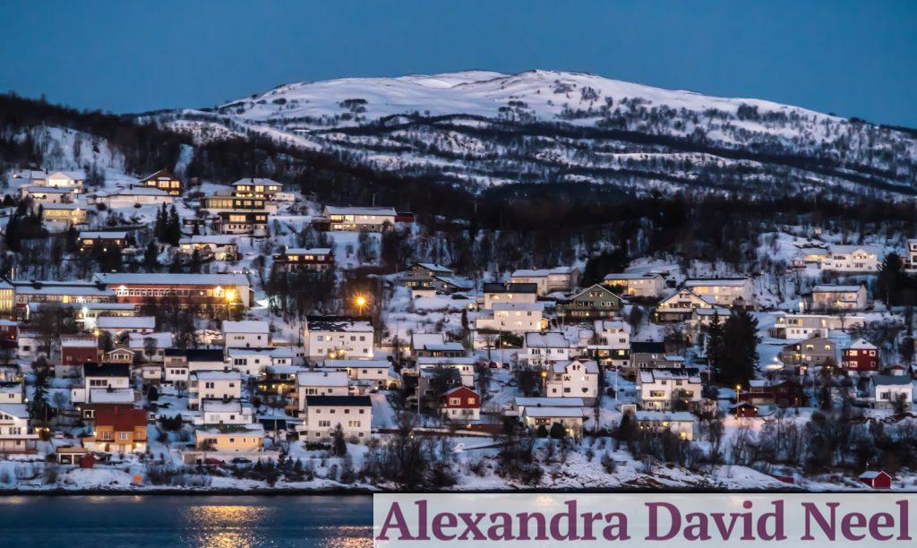 Charming snowy village set against Norwegian winter landscape illuminated at twilight.